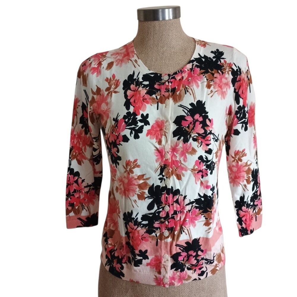 Talbots Light Sweater Womens Petite PS Cardigan Multicolor Floral 3/4 Sleeve NWT